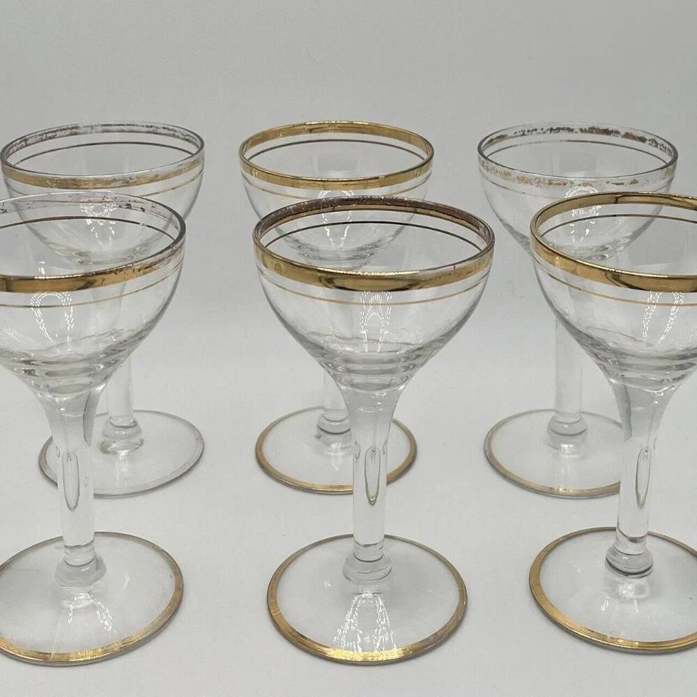 Vintage 60s MCM Glass Pitcher Brass Bottom With 6 Coupe Glasses W/ Gold Trim